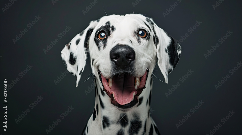 Studio portrait of a dalmatian dog with a happy face, on black background