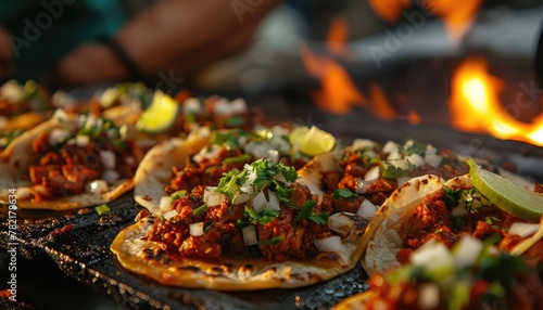 Authentic Street Tacos, Highlight the authenticity of Mexican street food with images of traditional street tacos served on corn tortillas, garnished with onions, cilantro, and a squeeze of lime