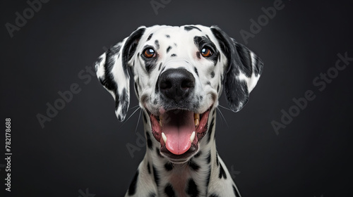 Studio portrait of a dalmatian dog with a happy face, on black background