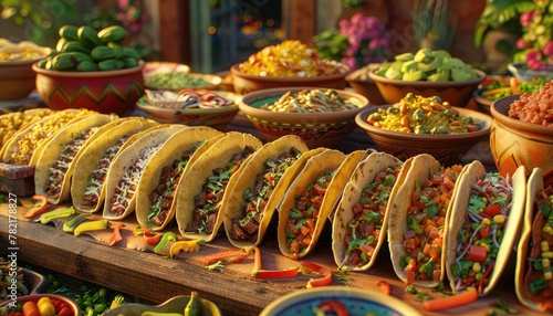 Taco Fiesta Extravaganza, Create a concept showcasing the colorful and flavorful world of tacos, featuring a variety of fillings such as carne asada, al pastor, and grilled vegetables