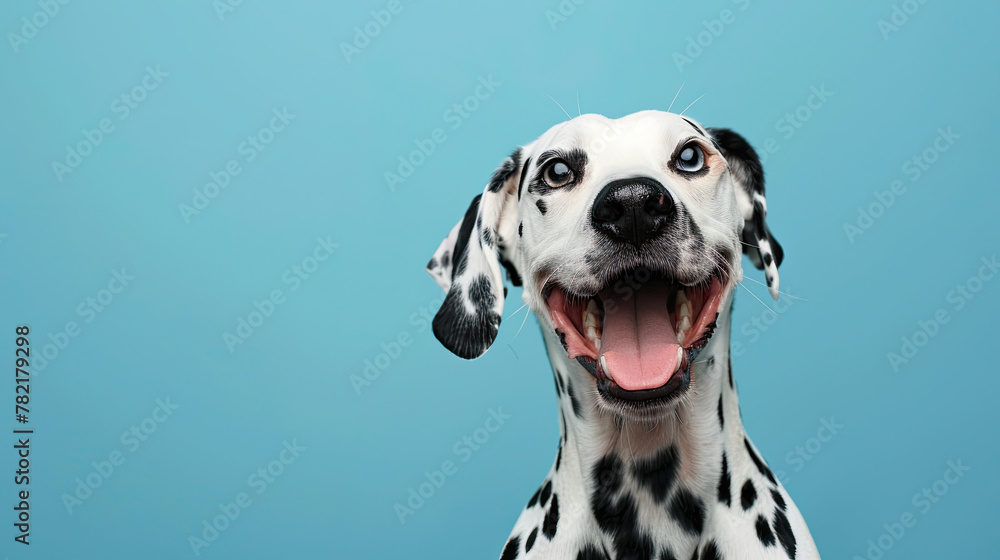 Studio portrait of a dalmatian dog with a laughing face, on pastel blue background