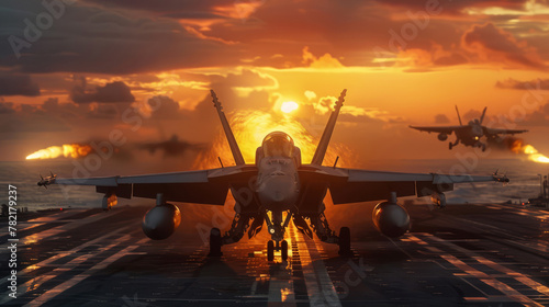 Twilight hues backdrop  fighter jets ascending with full afterburners from a carrier  dynamic action 