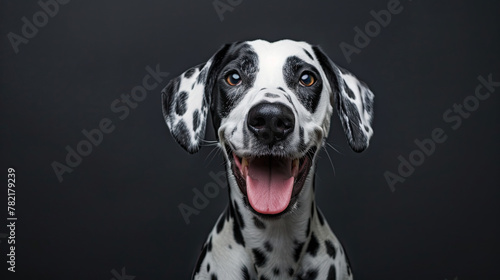 Studio portrait of a dalmatian dog with a laughing face, on blackbackground photo