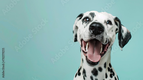 Studio portrait of a dalmatian dog with a laughing face, on pastel blue background ©  Mohammad Xte
