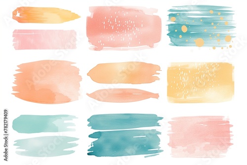 Collection of artistic watercolor paint smears in pastel pink and blue hues