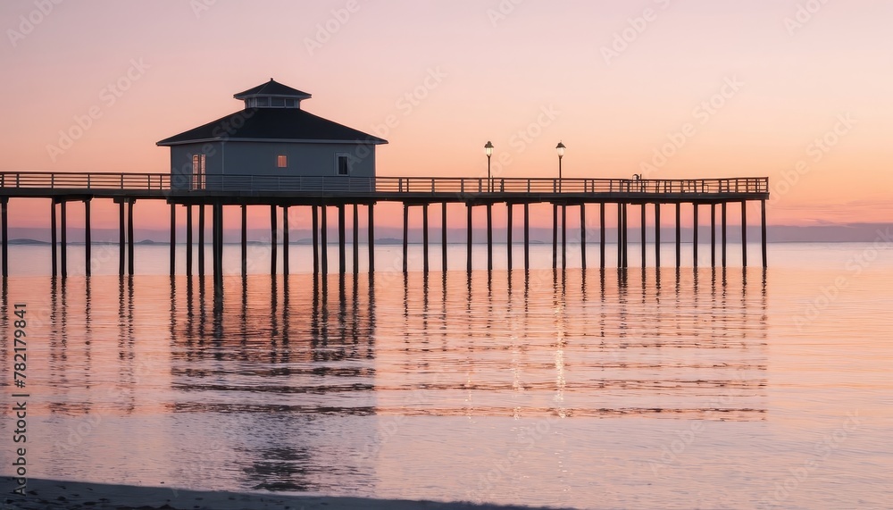 A small white building rests on a pier overlooking the water A small white building rests on a pier overlooking the water
