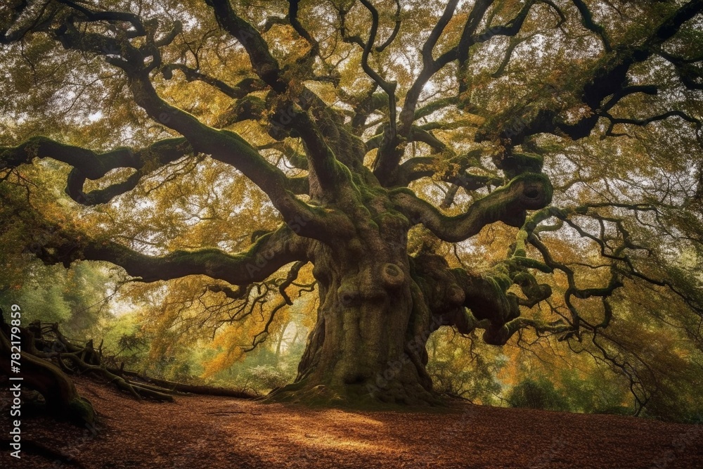 A majestic towering oak tree with a cascading canopy of leaves A majestic towering oak tree with a cascading canopy of leaves