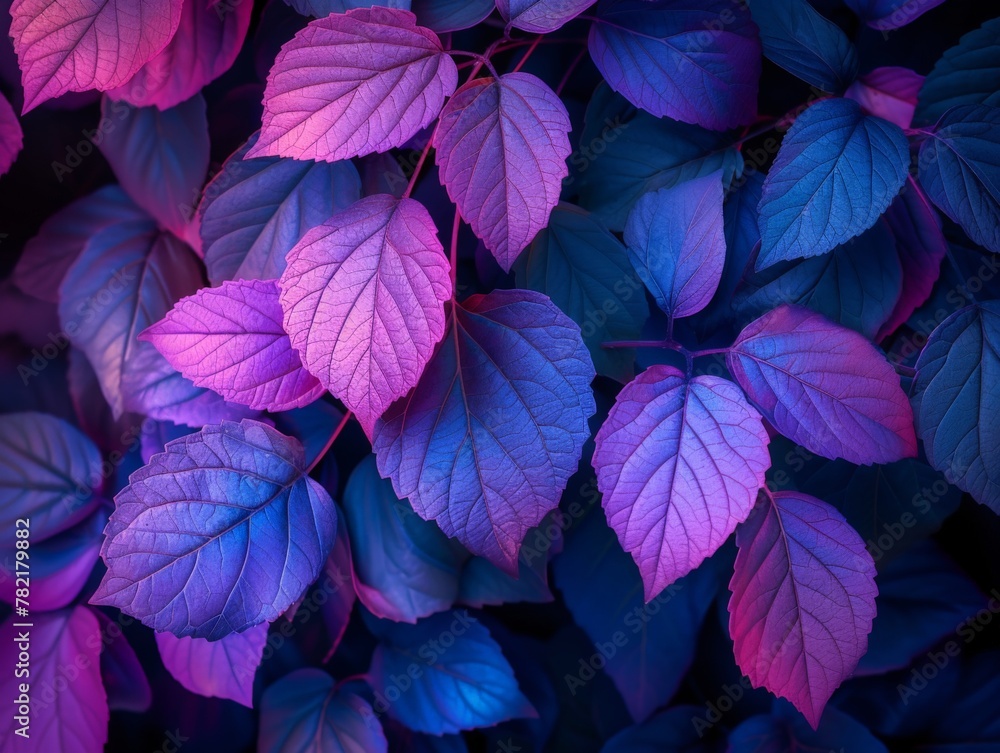 Beautiful Purple and Blue Leaves Illuminated by Blue and Purple Lights on Dark Background