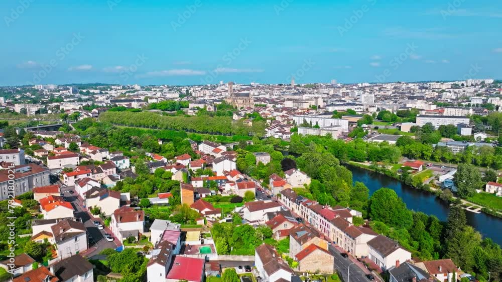 Aerial view of Roman Catholic church located in Limoges city, medieval timber-frame houses and buildings. Panoramic view of Gothic Cathédrale Saint-Étienne de Limoges and the city's medieval enamel. Aerial view of Roman Catholic church located in Limoges city, medieval timber-frame houses and buildings. Panoramic view of Gothic Cathédrale Saint-Étienne de Limoges and the city's medieval enamel.