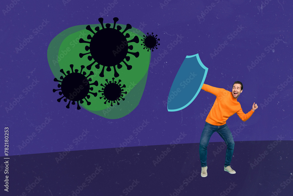 Trend artwork 3D photo collage composite image of young person man suffer shield from huge virus type various coronavirus covid pathogen