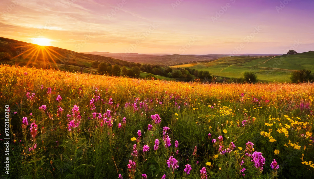 A field of colorful flowers under a setting sun in the background