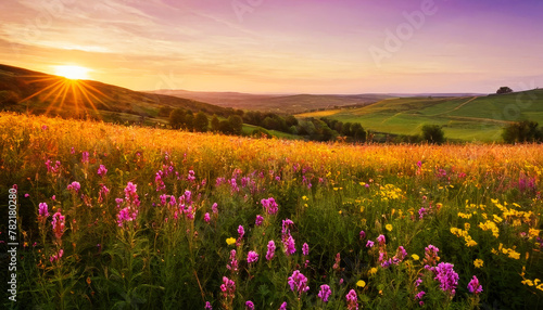 A field of colorful flowers under a setting sun in the background