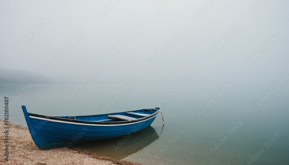 A blue boat is moored on the sandy shore of a tranquil lake, reflecting the clear blue sky above