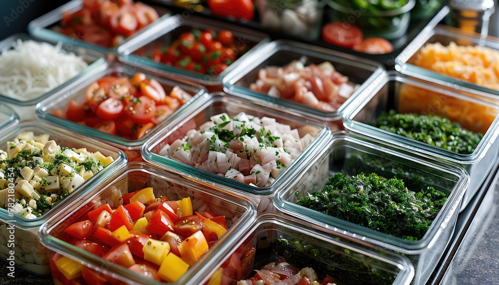 Calorie,Counted Meal Prep, Capture the process of preparing calorie-counted meals in advance, with images of ingredients being measured, chopped, and portioned into containers