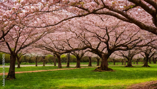 A park filled with numerous trees covered in vibrant pink flowers creating a stunning natural display