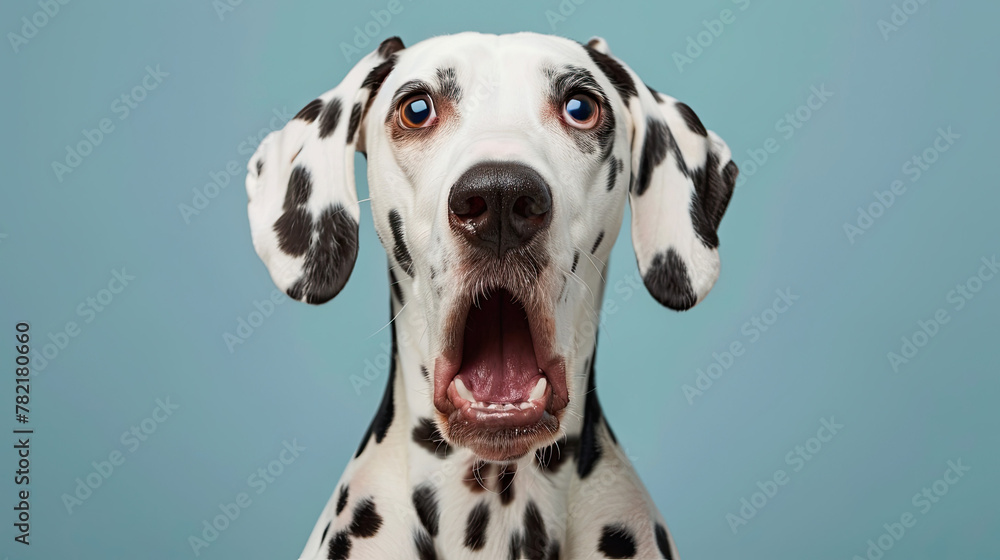 Studio portrait of a dalmatian dog with a surprised face, on pastel blue background