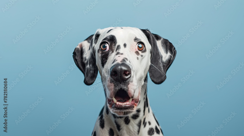 Studio portrait of a dalmatian dog with a surprised face, on pastel blue background