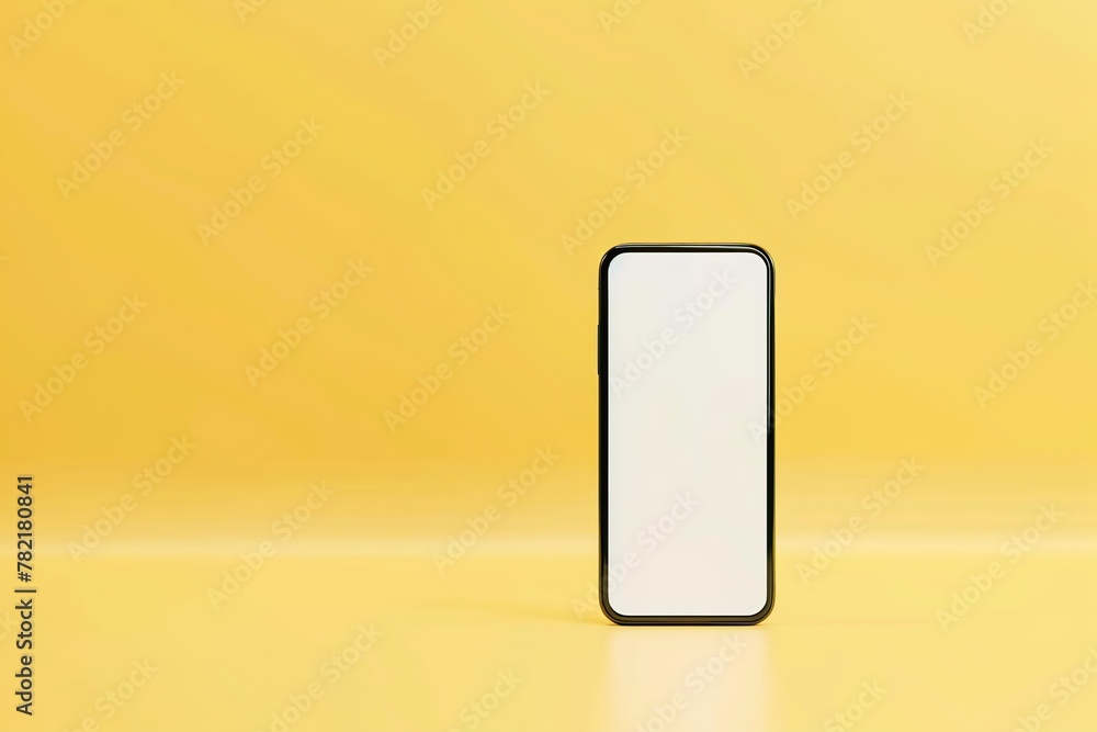Phone with vertical white screen isolated yellow background. Mock Up Display. Smartphone gadget for advertising. Front view Mobile phone with empty blank screen. Layout template. Smart phone device ad Phone with vertical white screen isolated yellow background. Mock Up Display. Smartphone gadget for advertising. Front view Mobile phone with empty blank screen. Layout template. Smart phone device ad