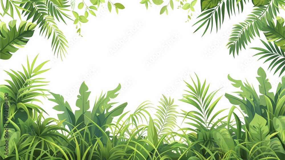 Simple yet captivating, this tropical jungle border in cartoon style is showcased against a clean white background in vector format. Simple yet captivating, this tropical jungle border in cartoon style is showcased against a clean white background in vector format.