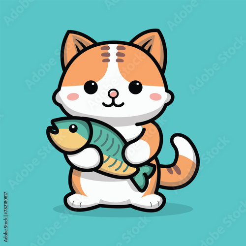 Cute Cat Holding Fish Cartoon Vector Illustration