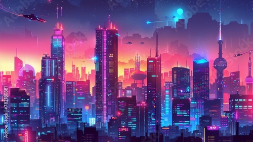 Futuristic cityscape with neon lights and advanced technology in a sci-fi world. © David