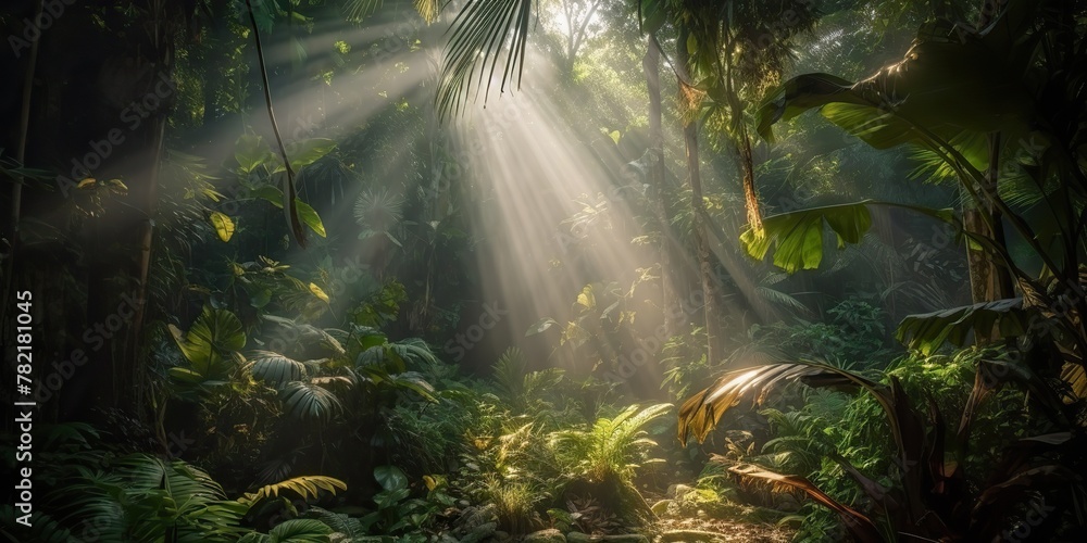 Tropical rain jungle deep forest with beab ray light shining. Nature outdoor adventure vibe scene background view