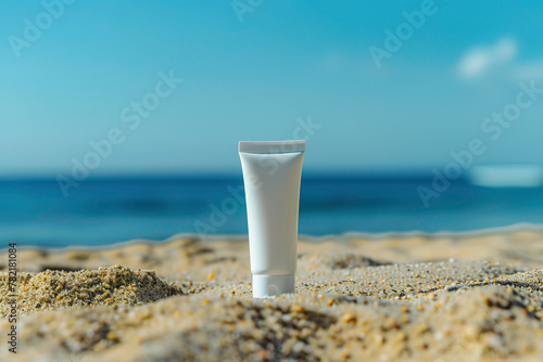 Photo of a white tube mockup for sun cream on the beach