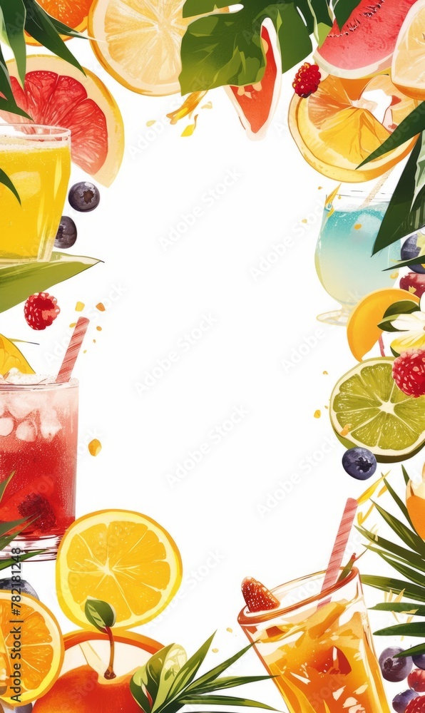  Refreshing Fruit Drink Illustration: Vibrant Design with White Space Border