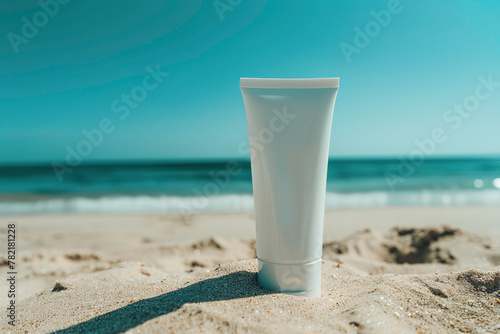 Photo of a white tube mockup for sun cream on the beach