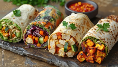 Veggie-Packed Wraps and Rolls, Showcase the creativity of veggie-packed wraps and rolls filled with colorful vegetables, herbs, and protein sources like tofu or grilled chicken © Klnpherch