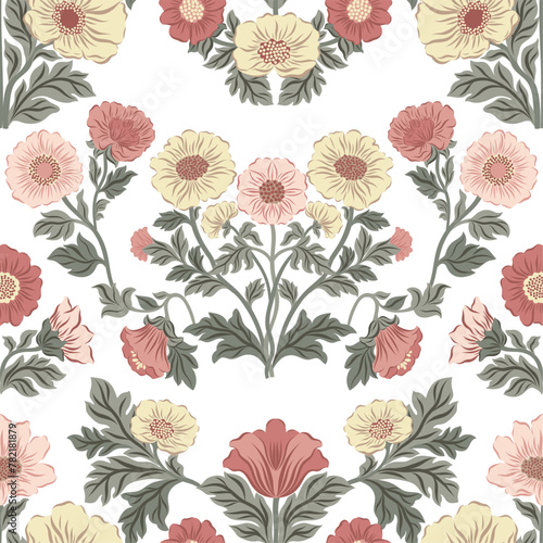 Seamless pattern with flowers in vintage style. Vector illustration with flowers on a white background in Morris style. Trend 2025 Traditional motif.