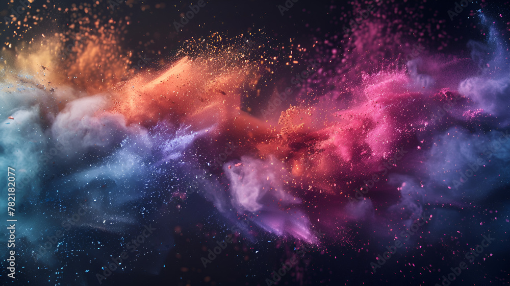 Holi paint rainbow multi-colored powder explosion on a black background, generative Ai