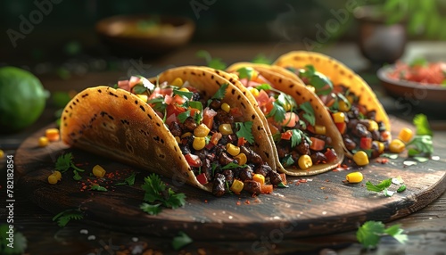 Global Taco Trekker, Create a concept for a food truck that offers a diverse range of global-inspired tacos, such as Korean BBQ, Indian curry, and Jamaican jerk photo