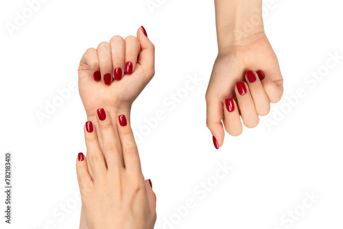 Woman hands with wine red color nails. Red nail polish. Square nail form.