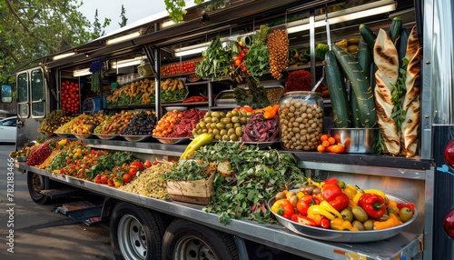 Mediterranean Mezze Mobile, Develop a concept for a food truck offering a variety of Mediterranean mezze dishes, such as hummus, falafel, tabbouleh, and stuffed grape leaves photo
