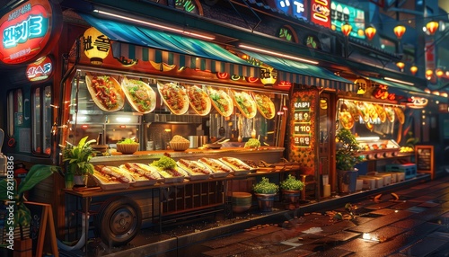 Asian Street Food Fusion, Design a concept for a food truck that brings together flavors from various Asian cuisines, such as sushi burritos, Korean BBQ tacos, and Thai-inspired noodle bowls © Klnpherch