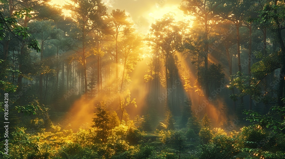 Explore the diverse beauty of a forest at dawn capturing the realism of natures awakening. Highlight the array of flora and fauna under the soft morning light