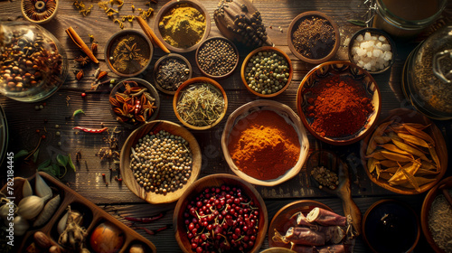 Various kinds of spices on wooden table top view