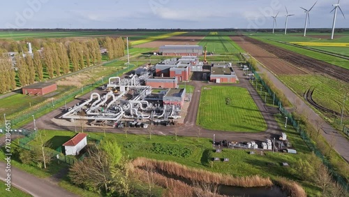 Controversial Gas Field in Groningen: Aerial View of Industrial Pipelines in Farmland photo