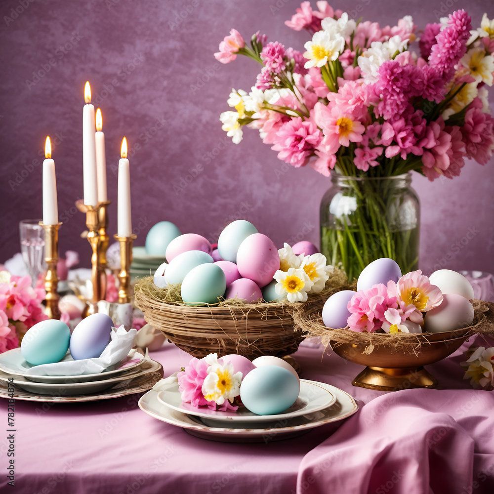 table decor, decoration of table with pink and white flower , eggs and candles, candles and flowers