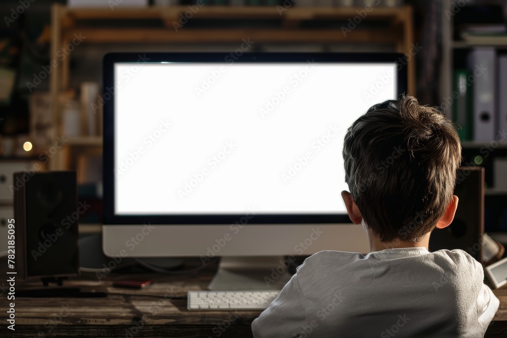 Digital mockup over a shoulder of a boy in front of a computer with an entirely white screen Digital mockup over a shoulder of a boy in front of a computer with an entirely white screen
