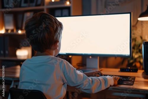 Digital mockup over a shoulder of a boy in front of a computer with an entirely white screen