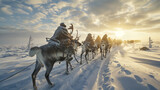 Sami reindeer herders guiding their majestic reindeer across the snow-covered landscape of the Arctic tundra