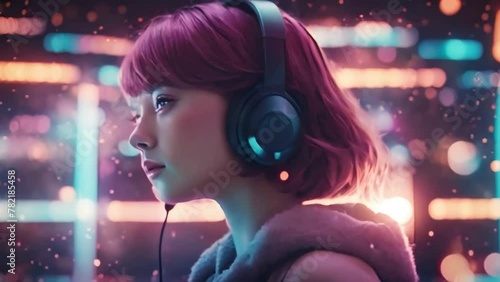 Lofi animation 3d cartoon character girl listening to music in animation style, anime girl animation, lofi girl music, relaxing mind, - Seamless loop animation, created using AI Generative Technology	