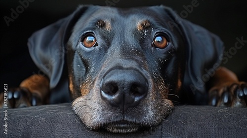 Doberman pinscher with floppy ears, gentle giant at rest