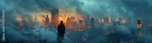 Man in overcoat against a wintry city backdrop, mystery in the air photo