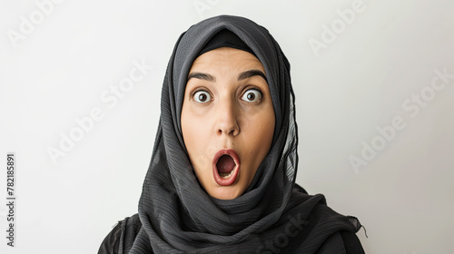 Surprised Arab Middle Eastern Saudi woman with surprised reaction. Isolated on white background  photo