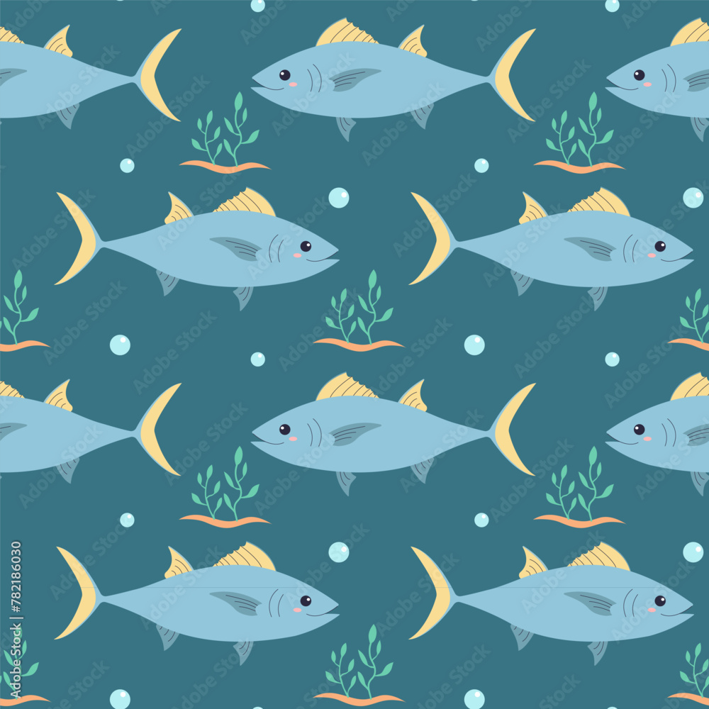 Seamless pattern with sea fish and bubbles, for children. For textile design, wallpaper, wrapping paper, scrubbing, children's parties. Vector illustration of flat. Seamless pattern with sea fish and bubbles, for children. For textile design, wallpaper, wrapping paper, scrubbing, children's parties. Vector illustration of flat.