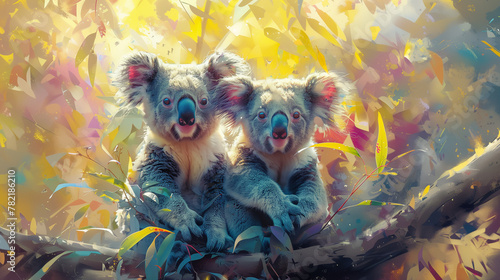 Peinture digitale colorée d'un couple de koalas posant sur une branche d'eucalyptus