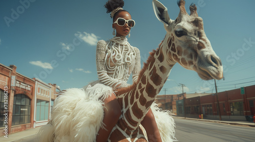 Exotique et excentrique : mannequin en robe de mariée chevauchant une girafe dans un environnement urbain photo